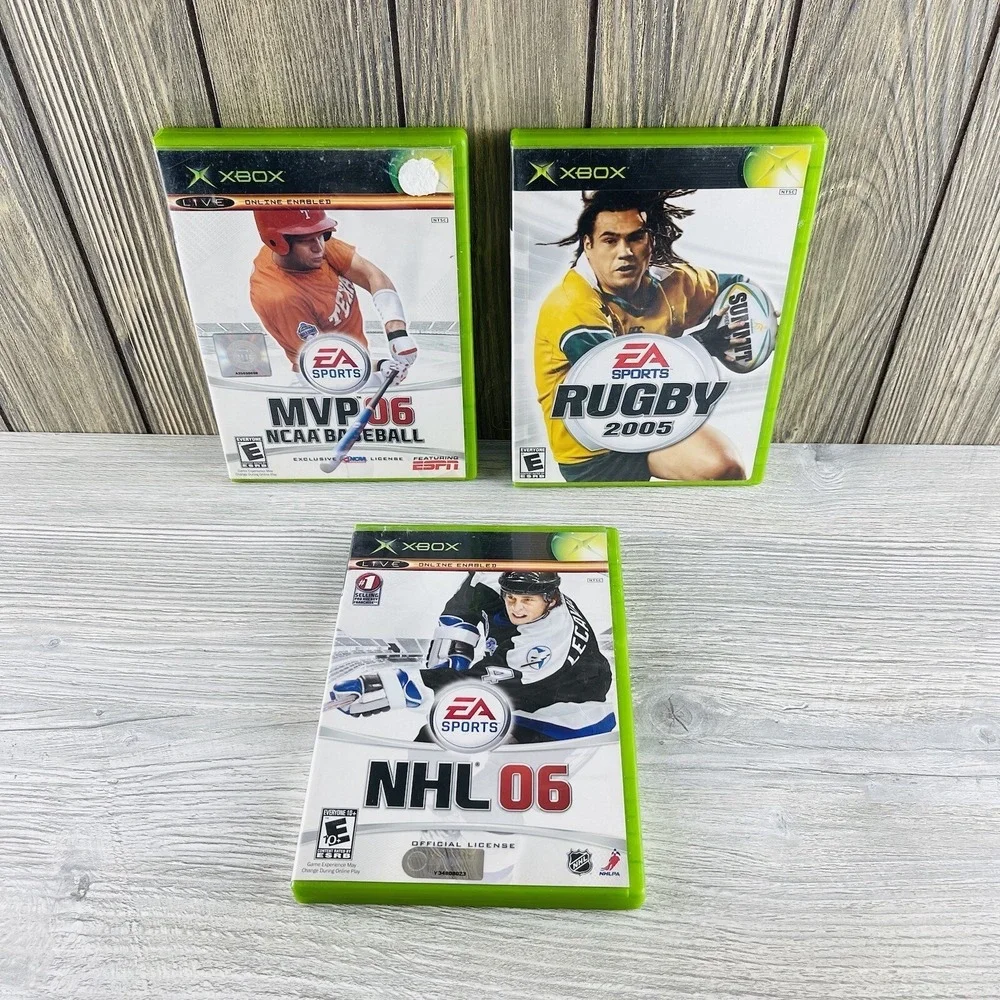 Lot of 3 Original Xbox Games Sports NHL 06, Rugby 2005 & MVP NCAA Baseball 06